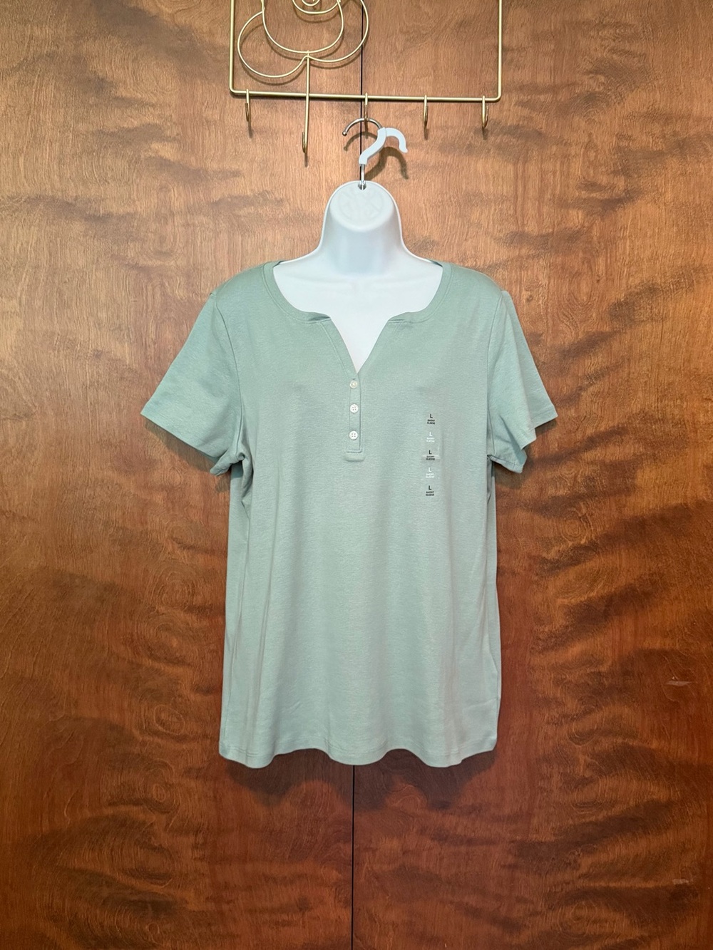 Style & Co Short Sleeve Cotton Henley Top Womens L Faded Sage Green Knit NWT